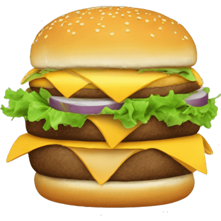 One Burger with cheesy bun with beacon on it, inside the burger is a deep fried cheese, Burger, lettuce, onion and beacon  emoji