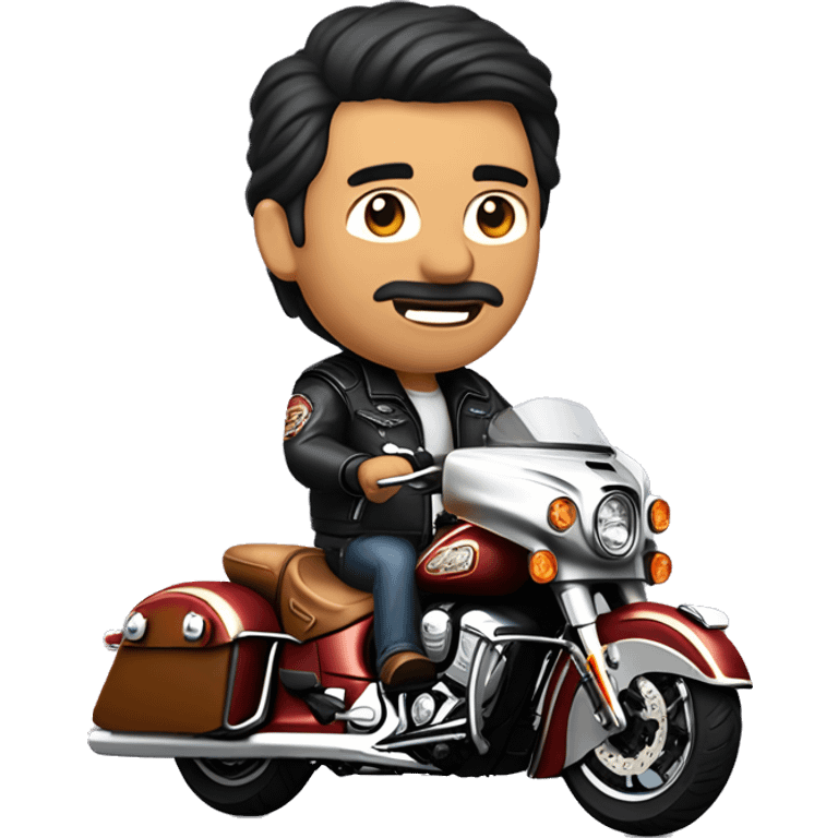 Middle age man wearing leather jacket and leather chaps riding a Indian motorcycle roadmaster with black hair and gote emoji