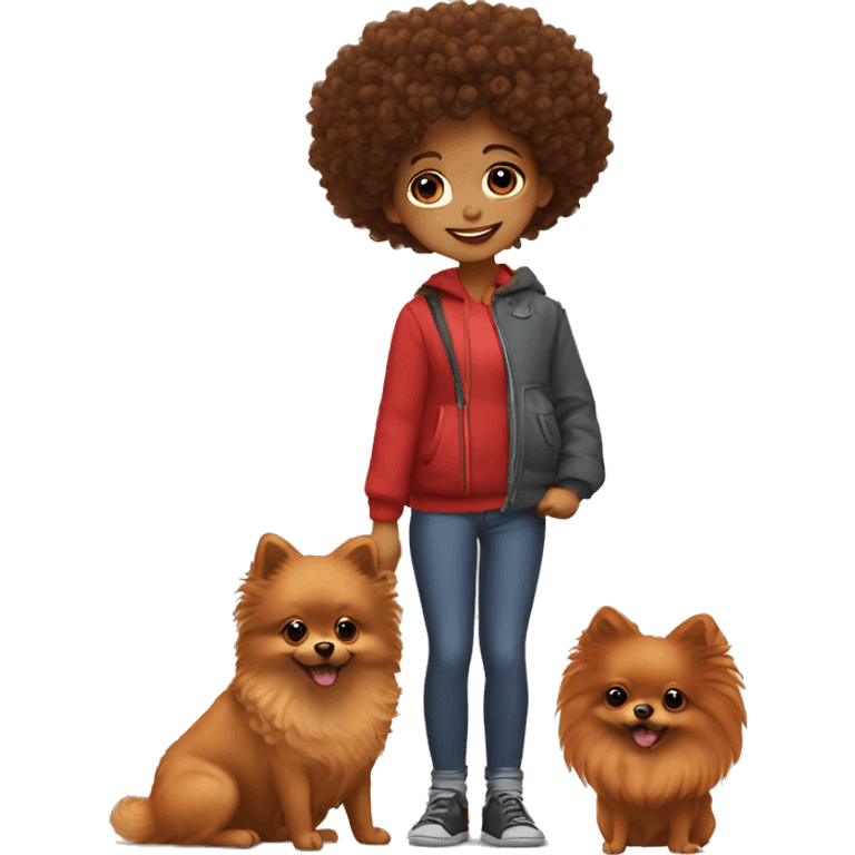 A girl with curly hair holds a red pomeranian emoji