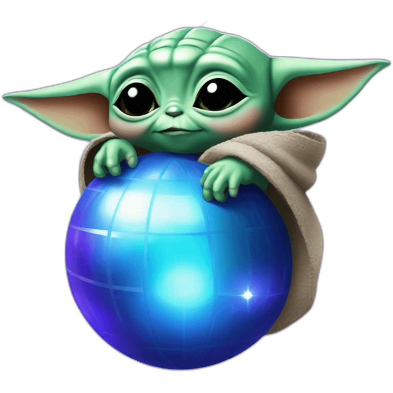 Baby yoda hugging a blue and purple disco ball emoji