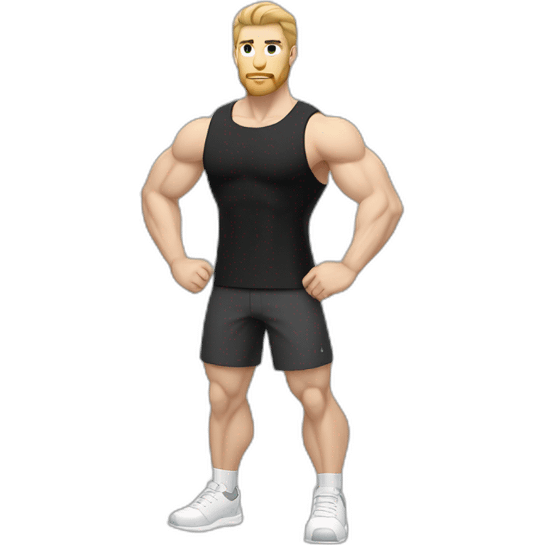 Pale skinned Fit Man With the biceps and dark brown hair in black shirt, gray sports shorts and white Sneakers emoji