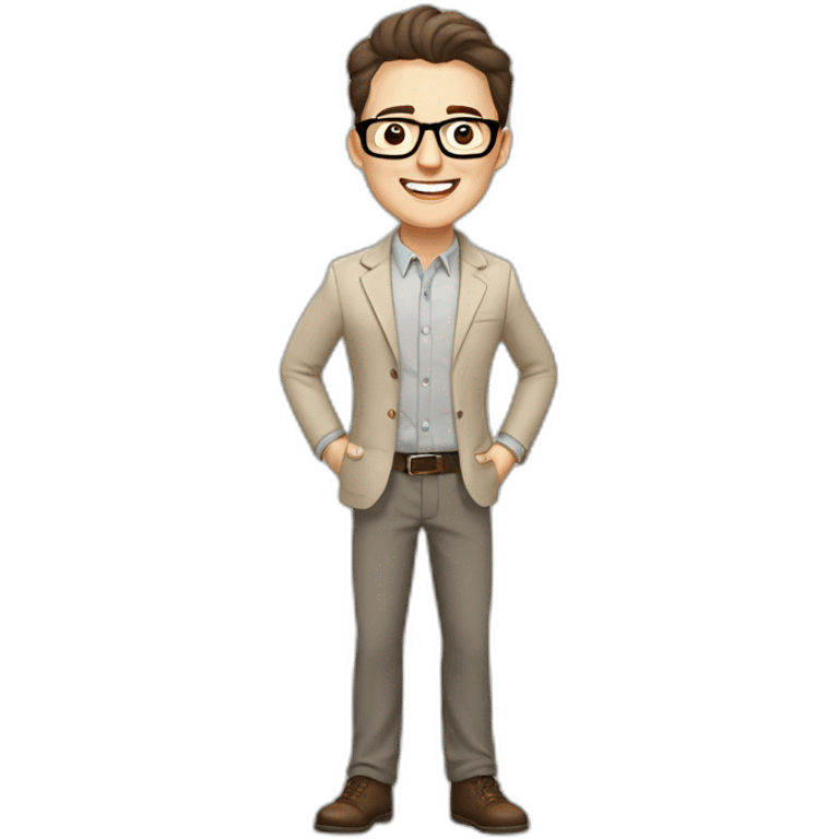 Joyful Pale skinned Fit Man With dark brown hair in gray jacket, beige office shirt, Brown pants and vintage glasses. His thrumbs up emoji