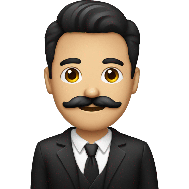 hombre contextura media, cabello ondulado negro, ojos castaño oscuro, bigote escaso rasurado emoji