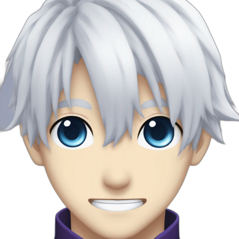 Satoru Gojo with his blue eyes,long white hair, a big friendly smile, dark violet uniform wich hides his neck from jujutsu kaisen emoji