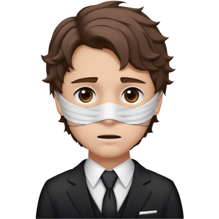 A guy with short brown wavy hair an eye bandage with brown eyes and a neck bandage wearing a suit and death staring emoji