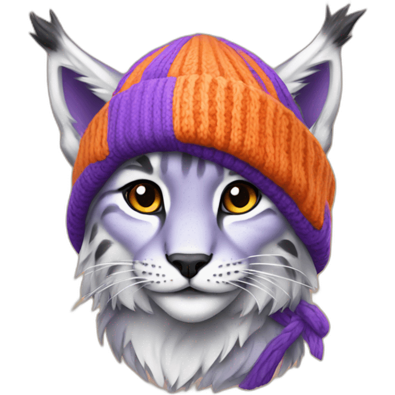 Lynx in purple sweater and orange winter cap emoji