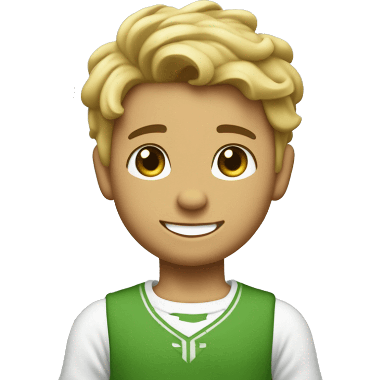 Un niño con el pelo rizado y moreno, con los ojos verdes y una sonrisa que le falta un diente tiene varias pecas por la cara y va vestido con un peto vaquero y una camiseta por dentro del peto, de color blanca. emoji