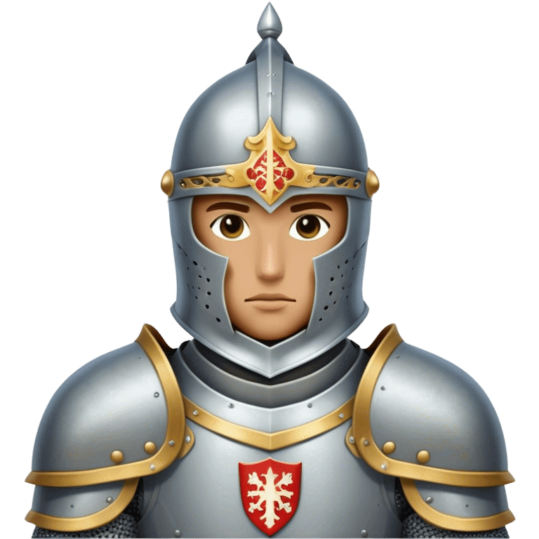 Clash of Clans aesthetic: Cinematic heroic Armored Knight Hero close up Emoji, rendered in a 3D vector-style similar to standard emojis with minimal shading and bold, simplified shapes. A compact, isometric warrior clad in gleaming plate armor with intricate heraldic details, softly glowing with a chivalrous medieval charm. Simplified yet unmistakably iconic, highly detailed and consistent, glowing with a soft radiant shine and high polish. Stylized with a touch of noble valor and a soft glowing outline, wearing a full face helm so that no face is visible with only eyes visible, capturing the essence of a gallant knight ready for honorable battle with a friendly, playful manner! emoji