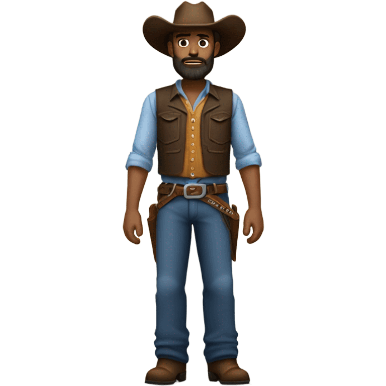 a rugged cowboy with a thick beard, wearing a blue vest over a classic western shirt. He should have a confident stance, showing full torso emoji