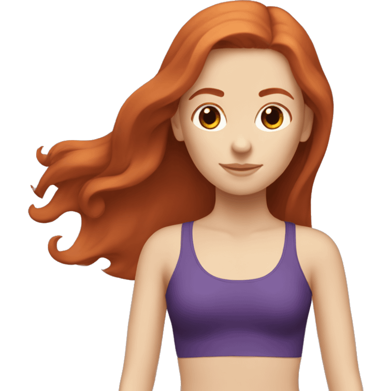 a redhead girl with long hair doing pilates, her clothes are dark purple emoji