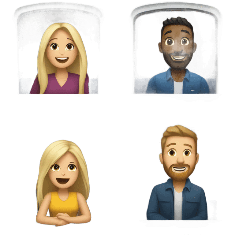 A woman with long dark hair, a womanwith long blond hair, a bearded man with long dark hair and a man with short blond hair and sunglasses sitting in a booth on a train laughing  emoji