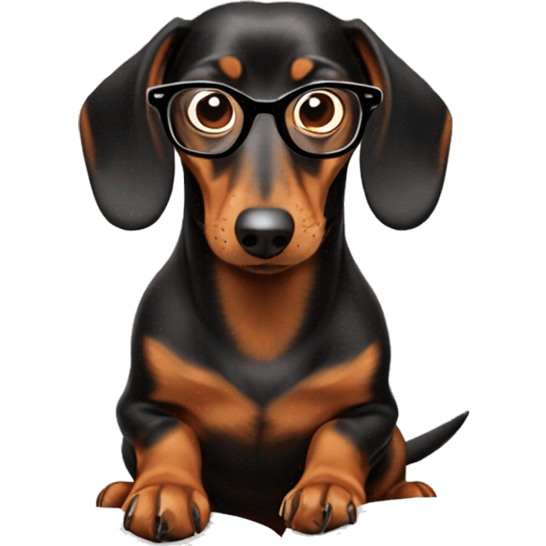 Dachshund reading intensly a book with glasses on emoji