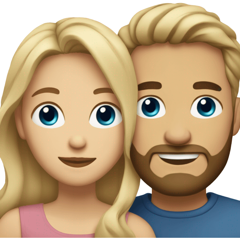 Blonde woman with brown eyes and a bearded man with blue eyes and light brown hair hugging. emoji