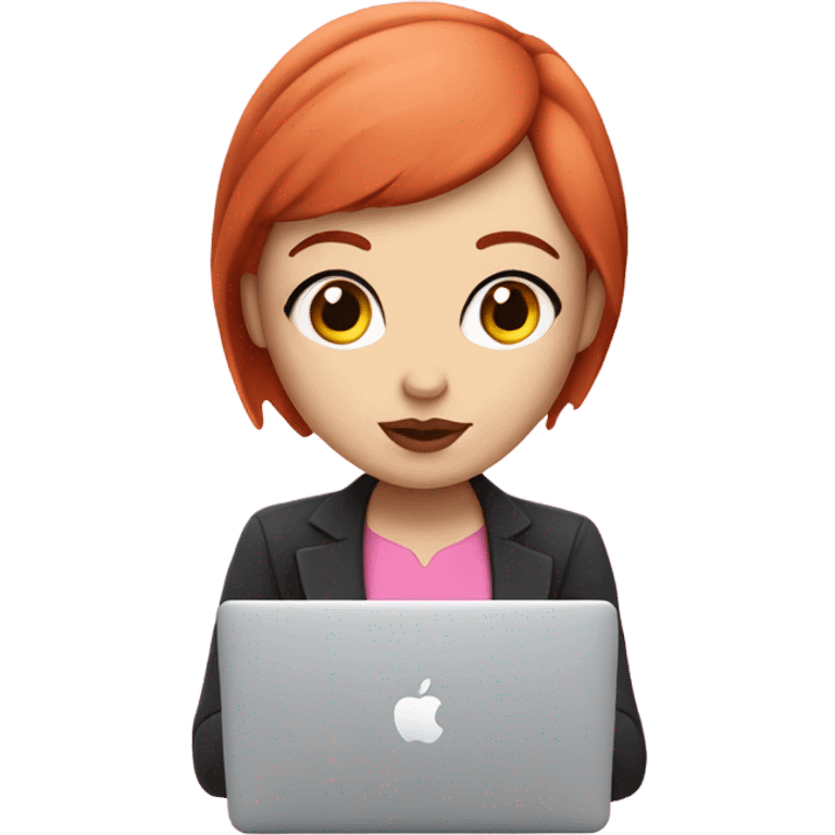 Woman with straight short red hair, white skin, big pinky lips, big eyes, calm face, in pink clothes works on macbook emoji