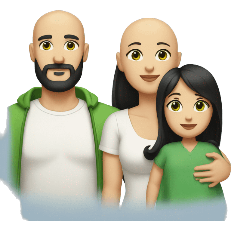 bald tan dad with black beard, white skin mom with long straight black hair and green eyes, and small baby with black hair emoji