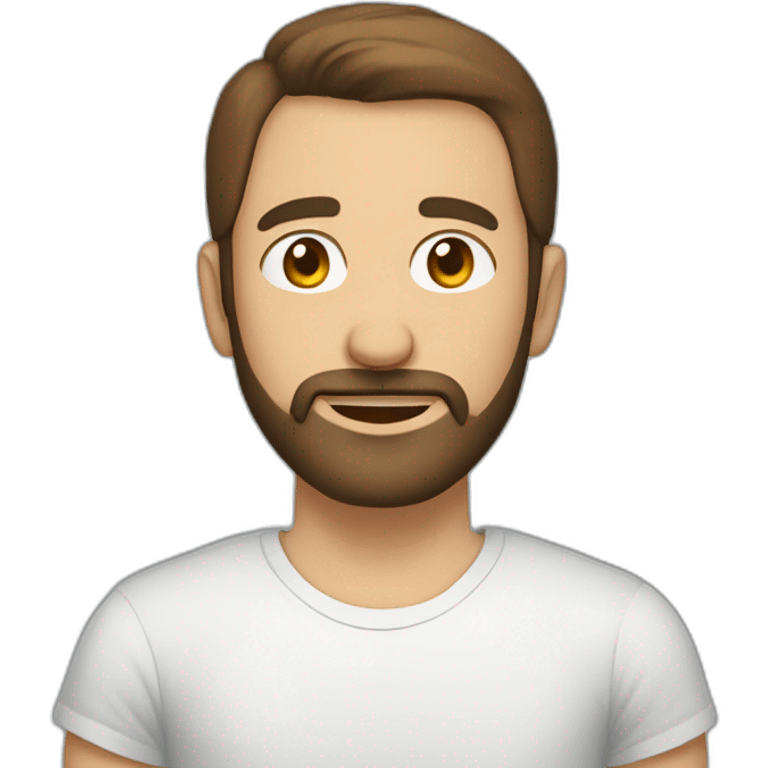 man with brown short hair and short beard wearing a t-shirt with the word escutai emoji