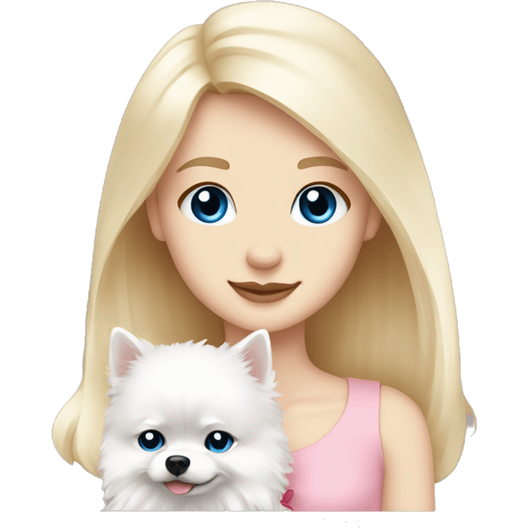 Blond girl white skin blue eyes hugging white Pomeranian with light pink bow emoji