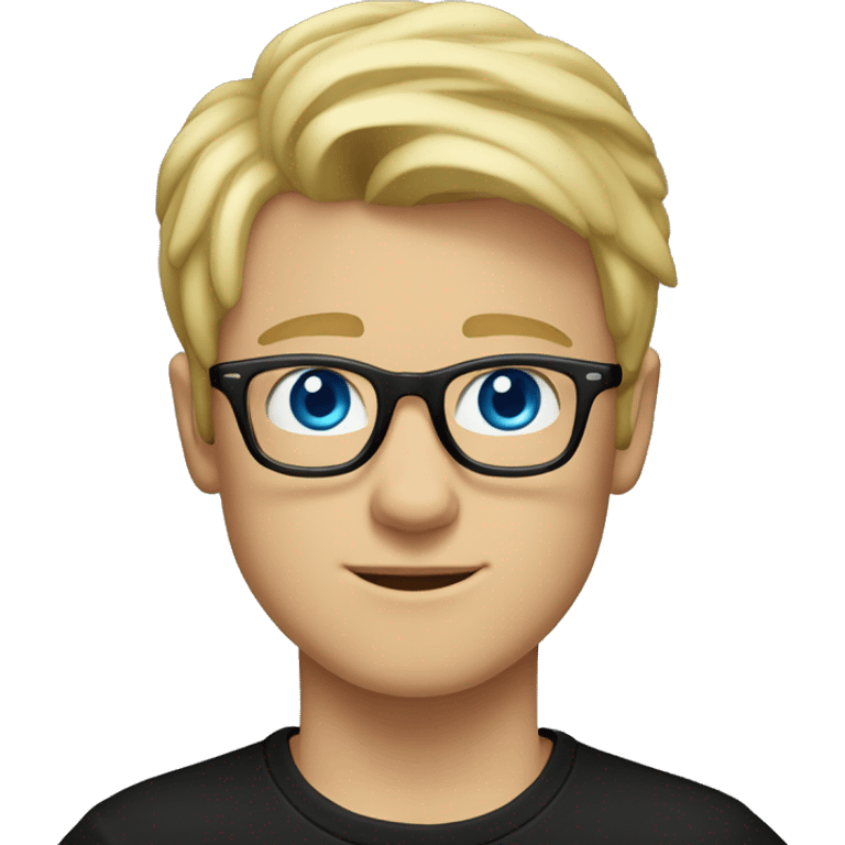 a 20 year old guy with blond hair, blue eyes, wearing a black T-shirt and square-framed glasses. emoji