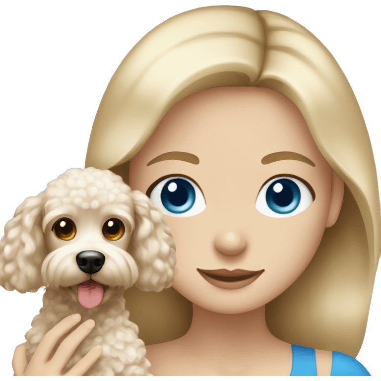 Blonde girl with blue eyes holding poodle with brown and white hair emoji