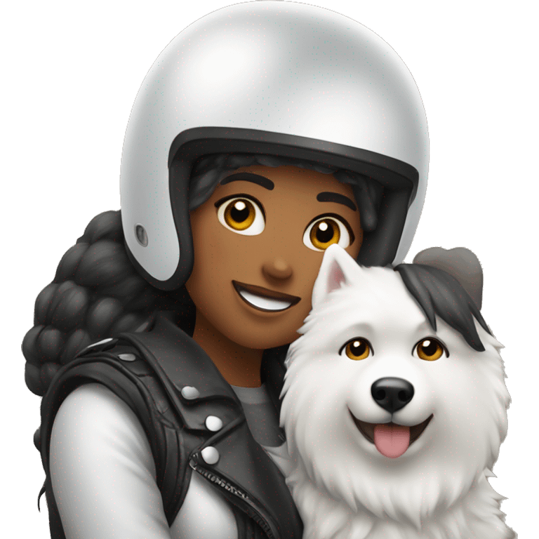 Biker girl with a helmet in her face hugging a Samoyed emoji