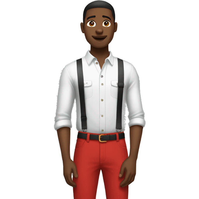 Black and white shirt, red pants, guy emoji