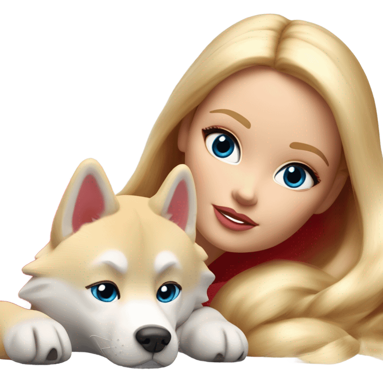 Pretty blonde Barbie napping with red Siberian Husky  emoji