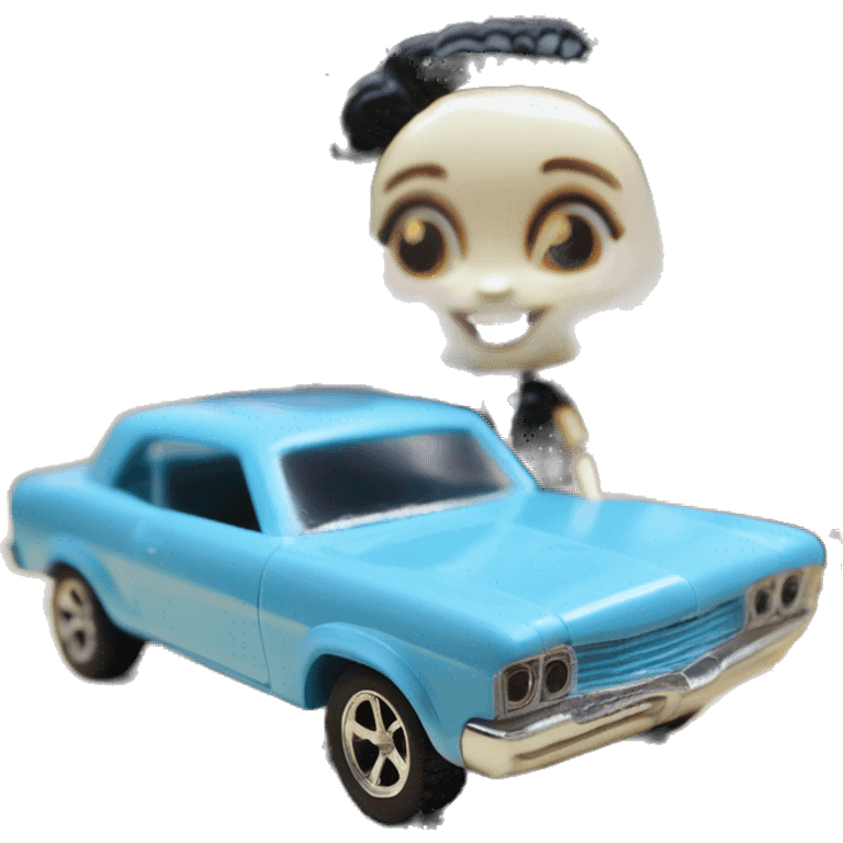 Side view Baby blue Wednesday Addams Barbie Hot wheels Bone Shaker street rod emoji