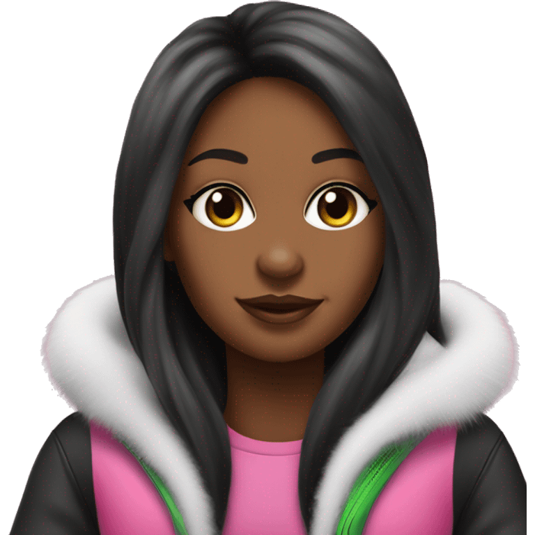 Pretty black Girl, long straight hair sitting on pink arctic cat snowmobile  emoji