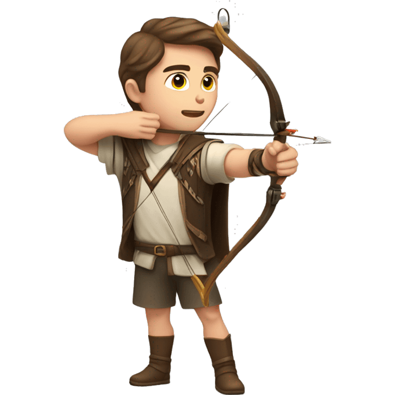 a male archer aiming with a bow, brown hair, bright skin, emoji