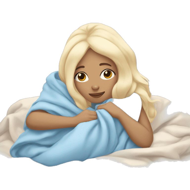 pastel blue blonde girl covered in blankets and lying on a pillow emoji