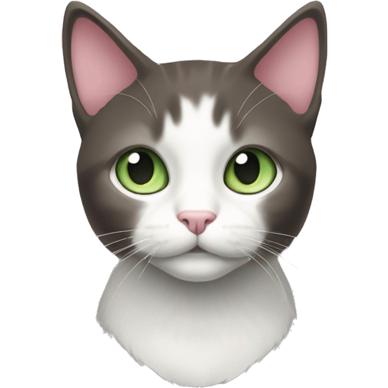 dark brown grey and white cat with pale green eyes pink nose emoji