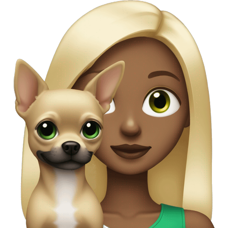 Blonde girl with green eyes and fully black chihuahua emoji