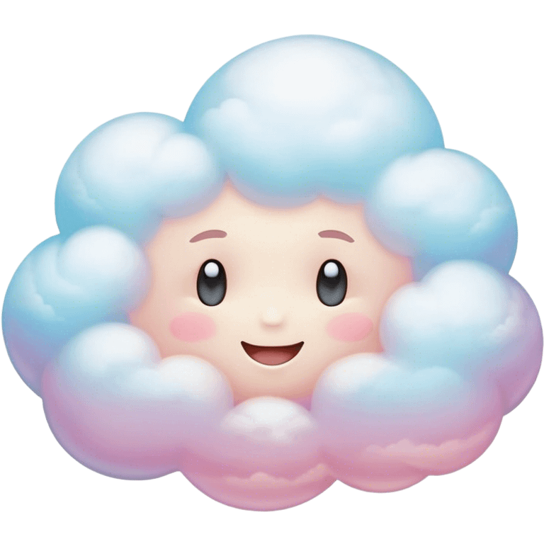 Cinematic round pastel cloud, soft puffy texture, gentle glowing edges, tiny happy face with blushing cheeks, floating in a dreamy sky, warm and magical. emoji