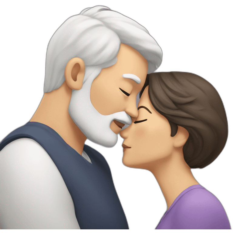 Man with gray hair and white beard kisses a woman with dark brown hair emoji