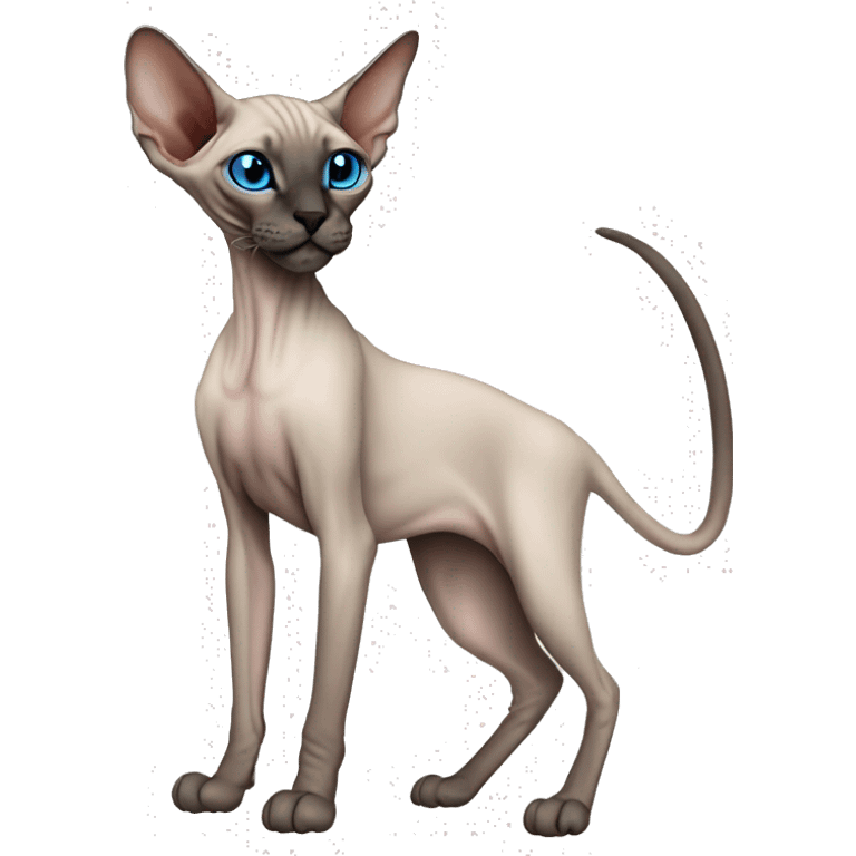 Siamese Sphynx Peterbald  cat with blue eyes, full thin body stand, black nose ears and tail emoji