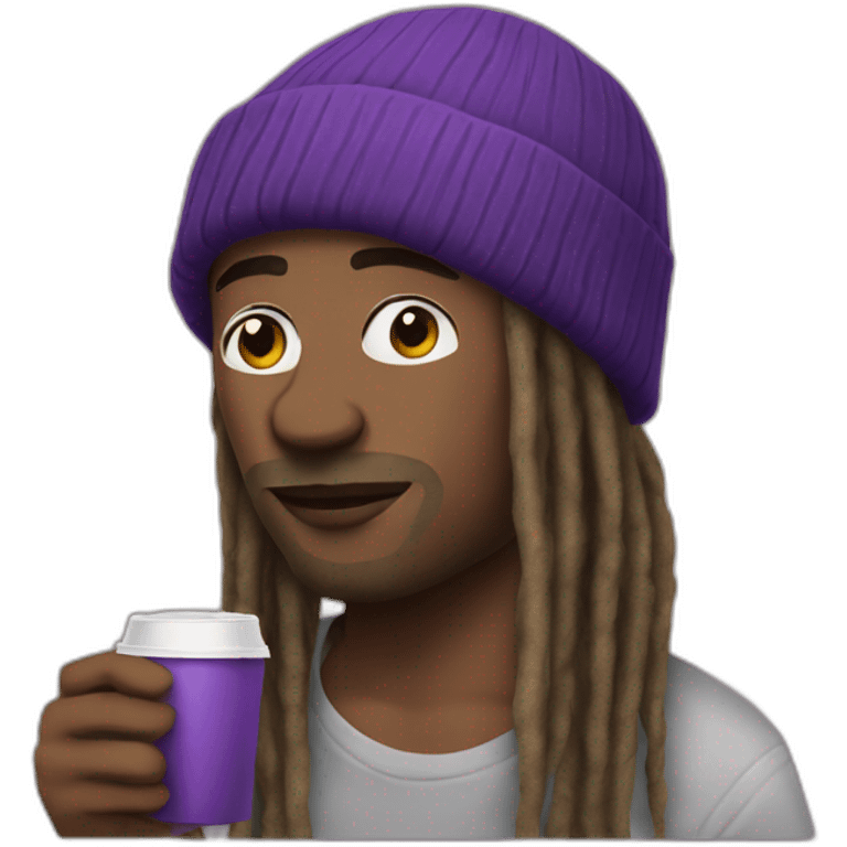 man with dreads and pruple beanie drinking thee emoji