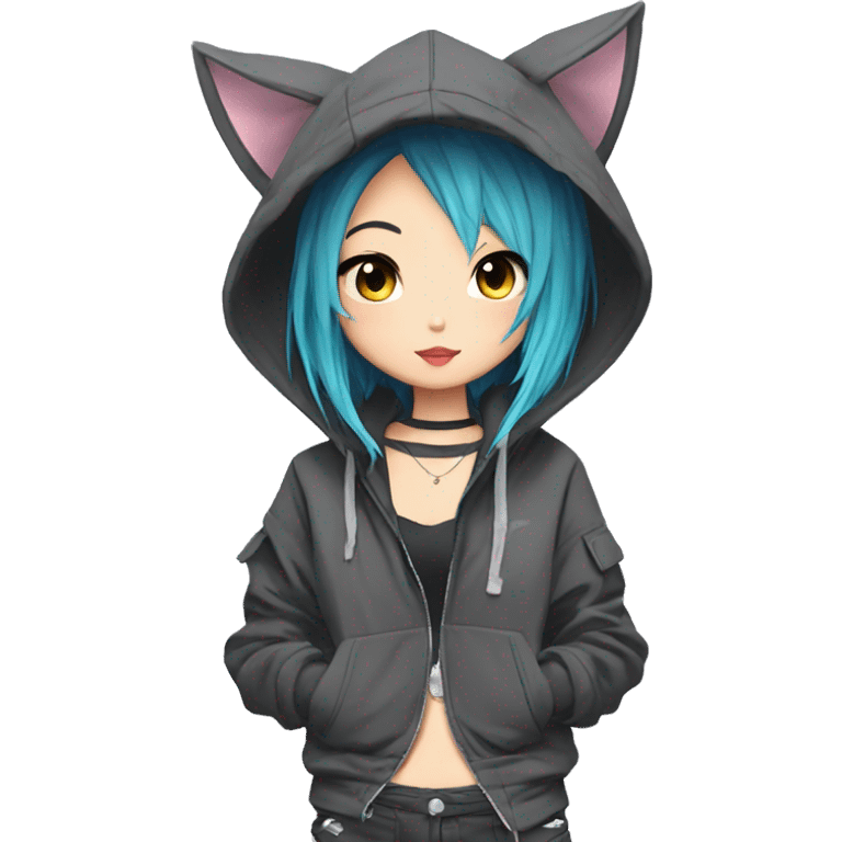 Edgy cool shy colorful Asian urban beautiful pretty anime punk tomboy with cat ears techwear cargo pants hoodie collar  emoji