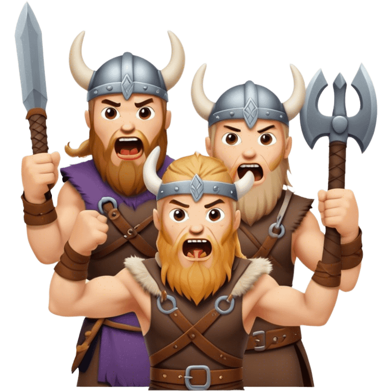 hree different Vikings scream, weapons in their hands, realistic emoji