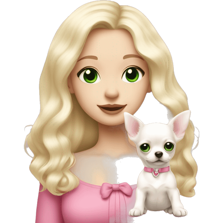 pale blond girl with wavy long platinum hair with green eyes holding a white chihuahua puppy that wearing a pink bow emoji