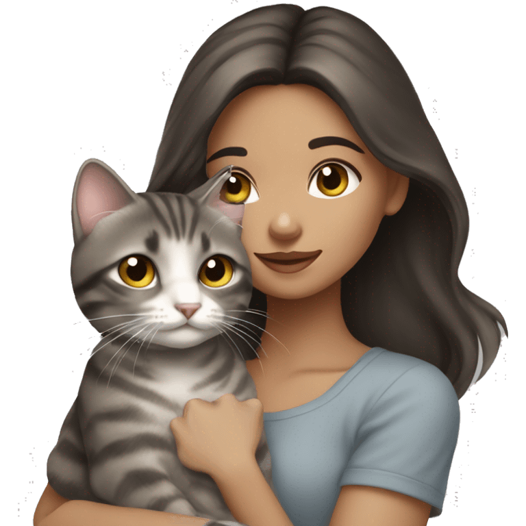 Long Dark brown haired girl with hazel eyes holding gray tabby cat emoji