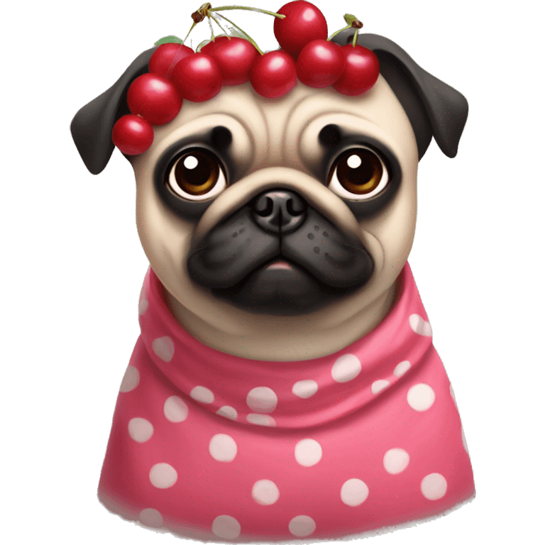 Pug in a cherry costume with headband with cherries on it emoji