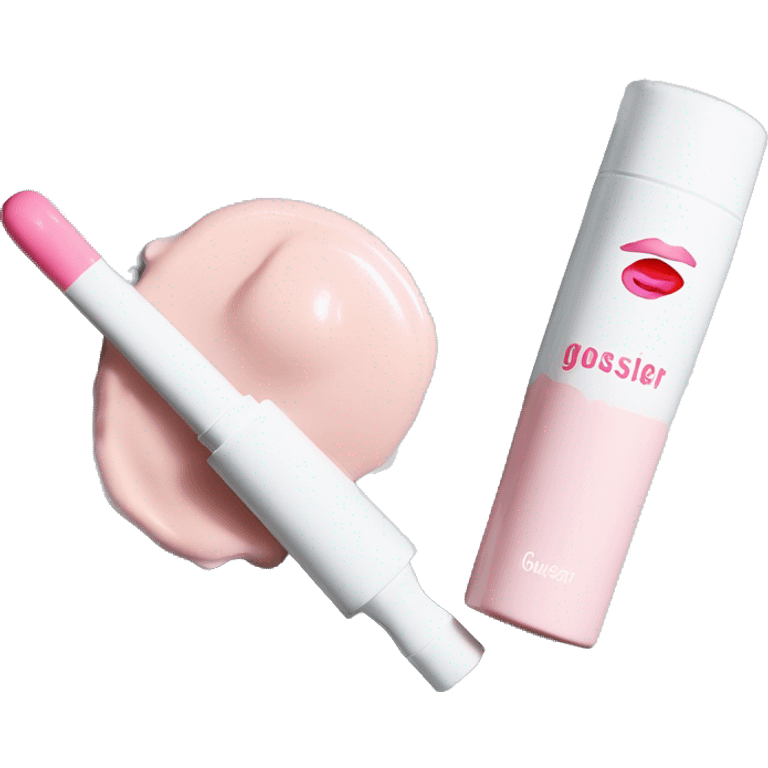 White mascara wand, next to a white cosmetics bag, white and pink lipstick, and a white container with pink blush make the brand glossier  emoji