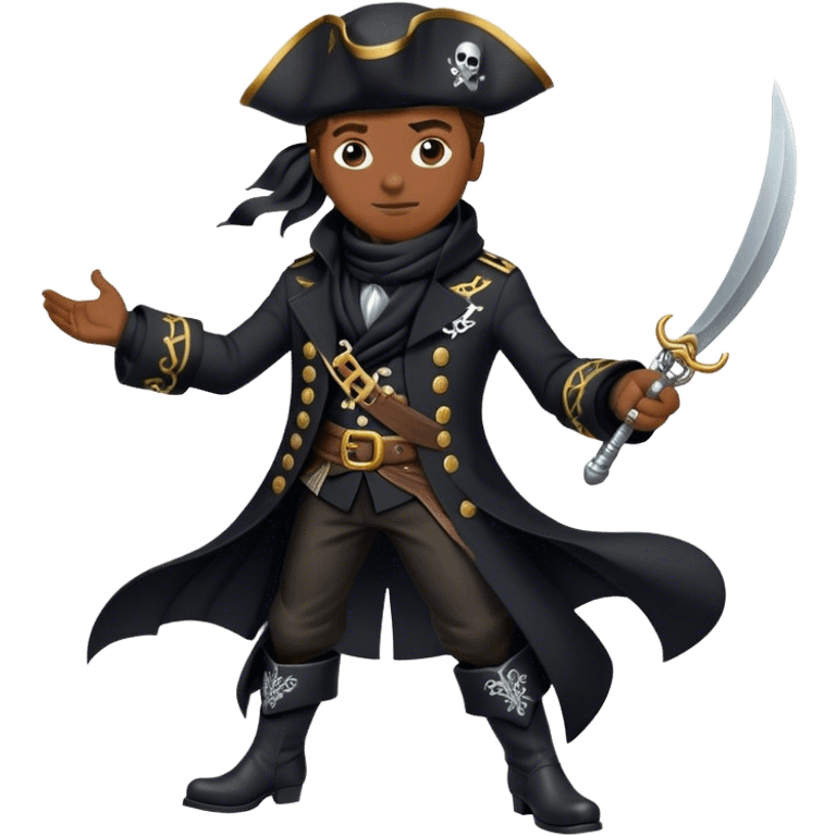 A confident pirate captain in a tailored black coat with silver embroidery, black boots, and a windswept black scarf. emoji