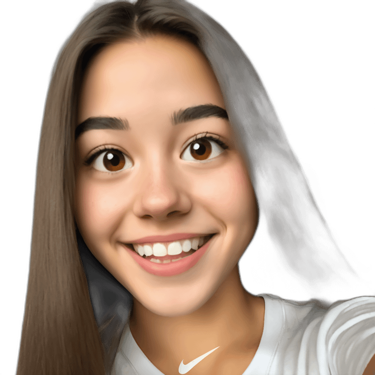 Spaniard Teenager girl long Brown straight hair funny face smiling taking selfie wearing nike t-shirt emoji