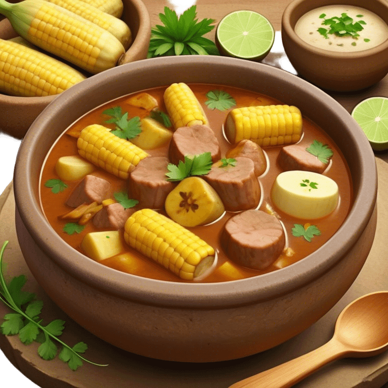 Cinematic Realistic Sancocho Antioqueño Emoji, depicting a hearty Colombian stew brimming with tender cuts of meat, yuca, plantains, corn on the cob, and potatoes in a rich, flavorful broth. Served in a rustic clay bowl with fresh cilantro and lime on the side, rendered with warm, inviting textures and homely, comforting lighting. emoji