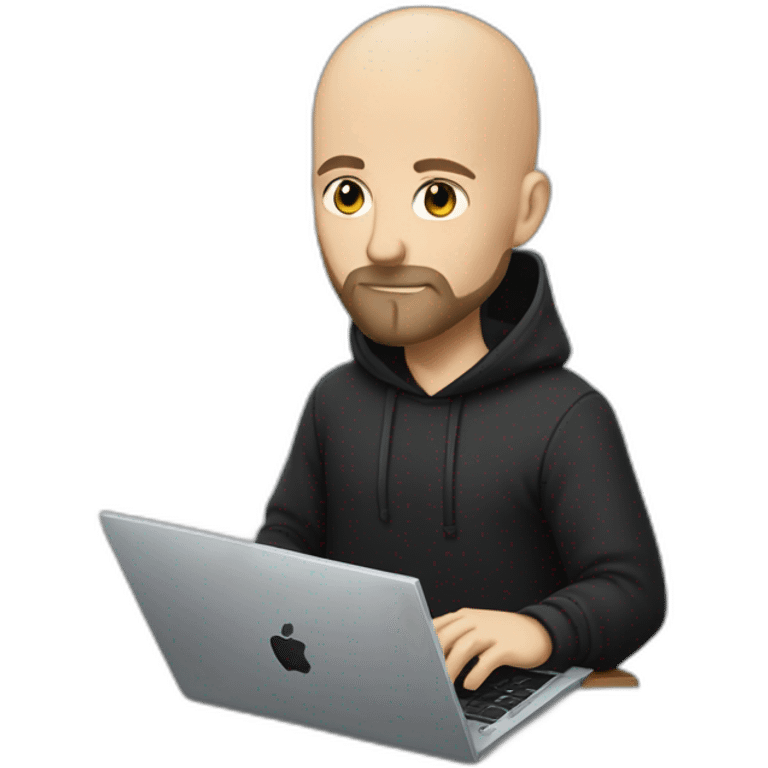 bald white man with a black beard typing on apple computer wearing a black hoodie emoji