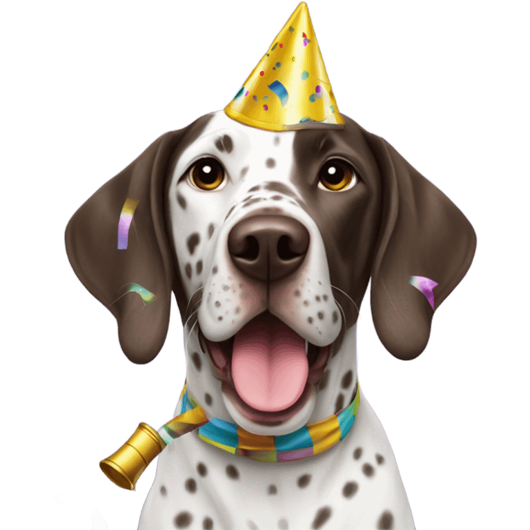 German shorthair with party horn and confetti emoji