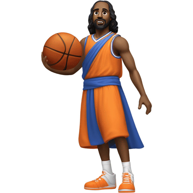 The black Jesus in Knicks uniform with a bald head, beard, and goatee, a white and orange cape…spinning a basketball on its head. emoji