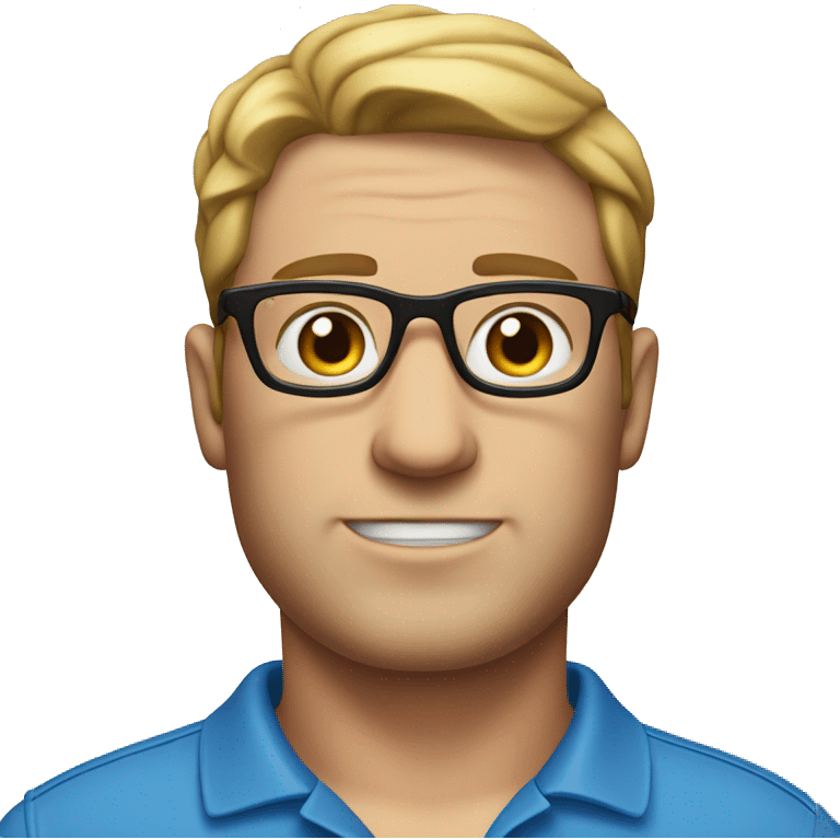 Emoji of a man with glasses, no beard, white skin and a thick build, wearing a blue polo shirt emoji