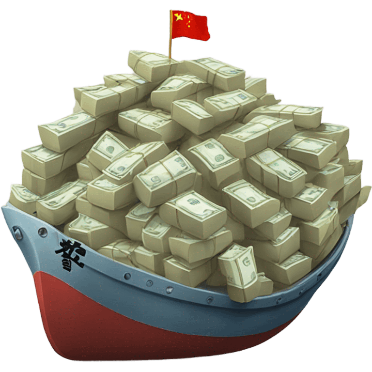 A ship laden with bags of money sailing from China, symbolizing profit from imports. emoji